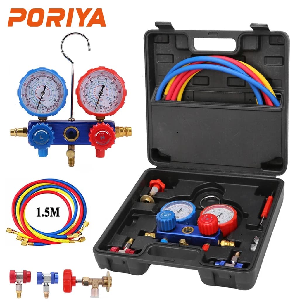 PORIYA Air Conditioner A/C Refrigeration Tools Kit Manifold Gauge Set 5 Feet R134A R12