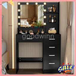 Black Dressing Table LED Makeup Mirror Set Vanity Desk 10 LED Bulb and 5 Drawers
