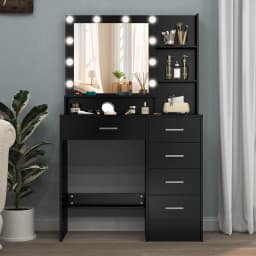 Black Dressing Table LED Makeup Mirror Set Vanity Desk 10 LED Bulb and 5 Drawers
