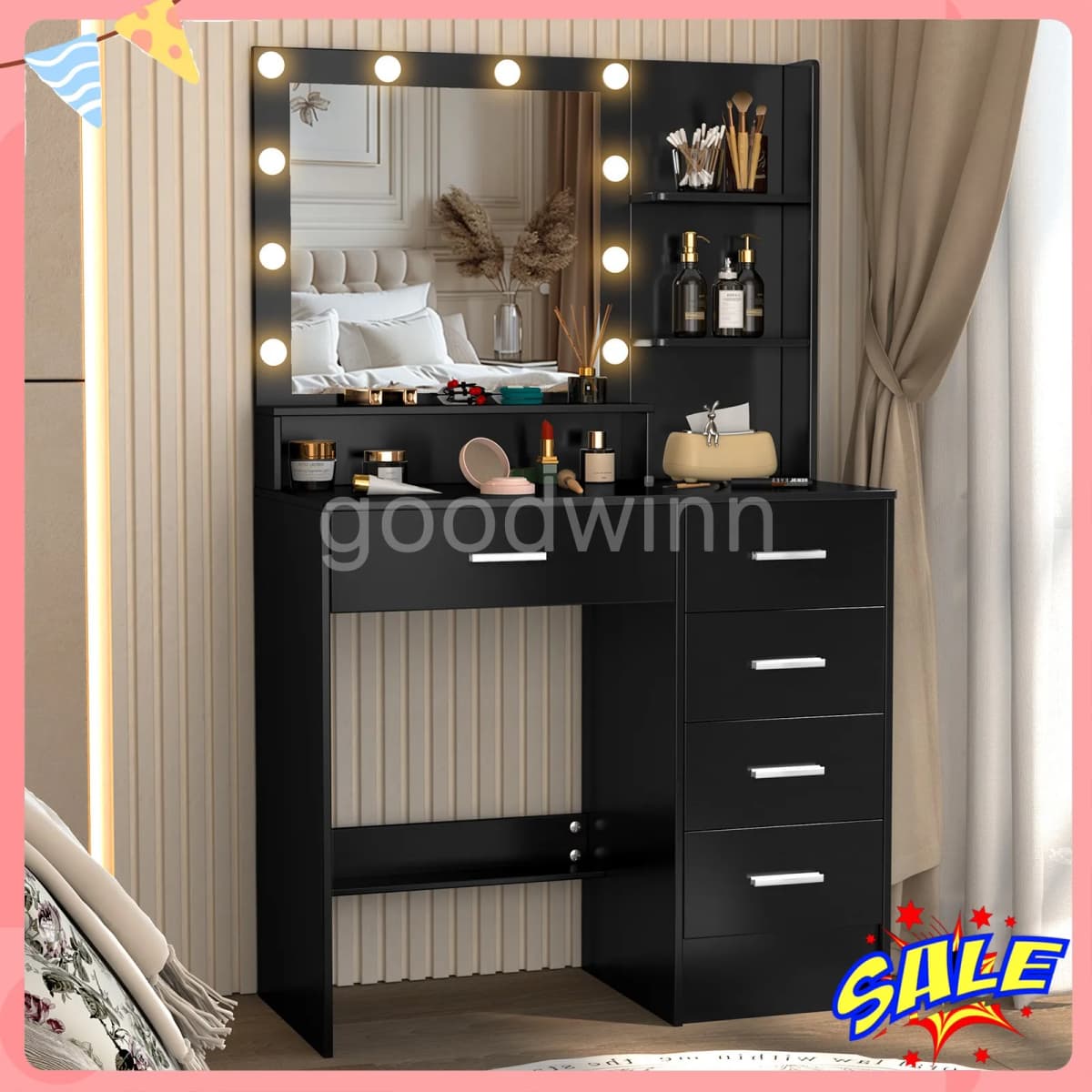 Black Dressing Table LED Makeup Mirror Set Vanity Desk 10 LED Bulb and 5 Drawers