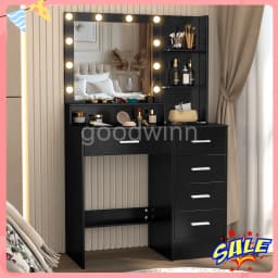 Black Dressing Table LED Makeup Mirror Set Vanity Desk 10 LED Bulb and 5 Drawers