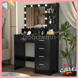 Black Dressing Table LED Makeup Mirror Set Vanity Desk 10 LED Bulb and 5 Drawers