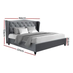 Queen Size Grey Upholstered Bed Frame Platform Bed with Support Slats and Headboard Modern Bedroom Furniture