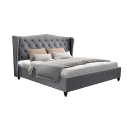 Queen Size Grey Upholstered Bed Frame Platform Bed with Support Slats and Headboard Modern Bedroom Furniture