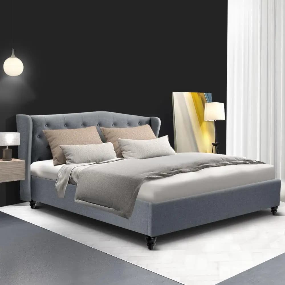 Queen Size Grey Upholstered Bed Frame Platform Bed with Support Slats and Headboard Modern Bedroom Furniture