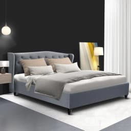 Queen Size Grey Upholstered Bed Frame Platform Bed with Support Slats and Headboard Modern Bedroom Furniture