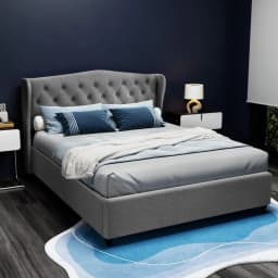 Queen Size Grey Upholstered Bed Frame Platform Bed with Support Slats and Headboard Modern Bedroom Furniture
