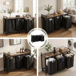 3 Section Pull Out Laundry Basket Metal Frame Black Clothes Hamper Organizer Storage Cart for Home Bedroom Bathroom