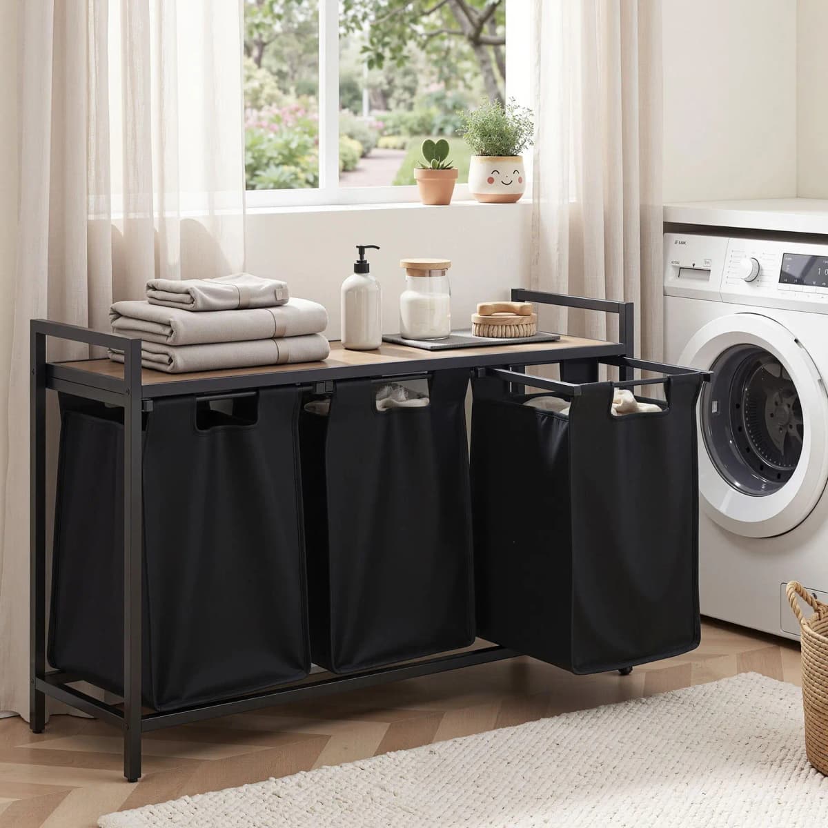 3 Section Pull Out Laundry Basket Metal Frame Black Clothes Hamper Organizer Storage Cart for Home Bedroom Bathroom