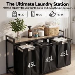 3 Section Pull Out Laundry Basket Metal Frame Black Clothes Hamper Organizer Storage Cart for Home Bedroom Bathroom