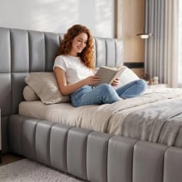 Double Size Upholstered Gas Lift Storage Bed Frame with Foldable Bench PVC Leather Platform Platform Bed Frame for Bedroom Use