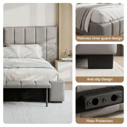 Double Size Upholstered Gas Lift Storage Bed Frame with Foldable Bench PVC Leather Platform Platform Bed Frame for Bedroom Use