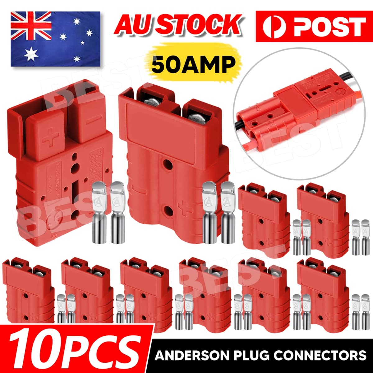 10PCS Anderson Style Plug 50 AMP 6AWG Red Connectors Caravan Mounting DC 12V 24V