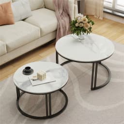 Coffee Table Set of 2 Nesting Accent Tables White Marble Top Stacking Side Desk