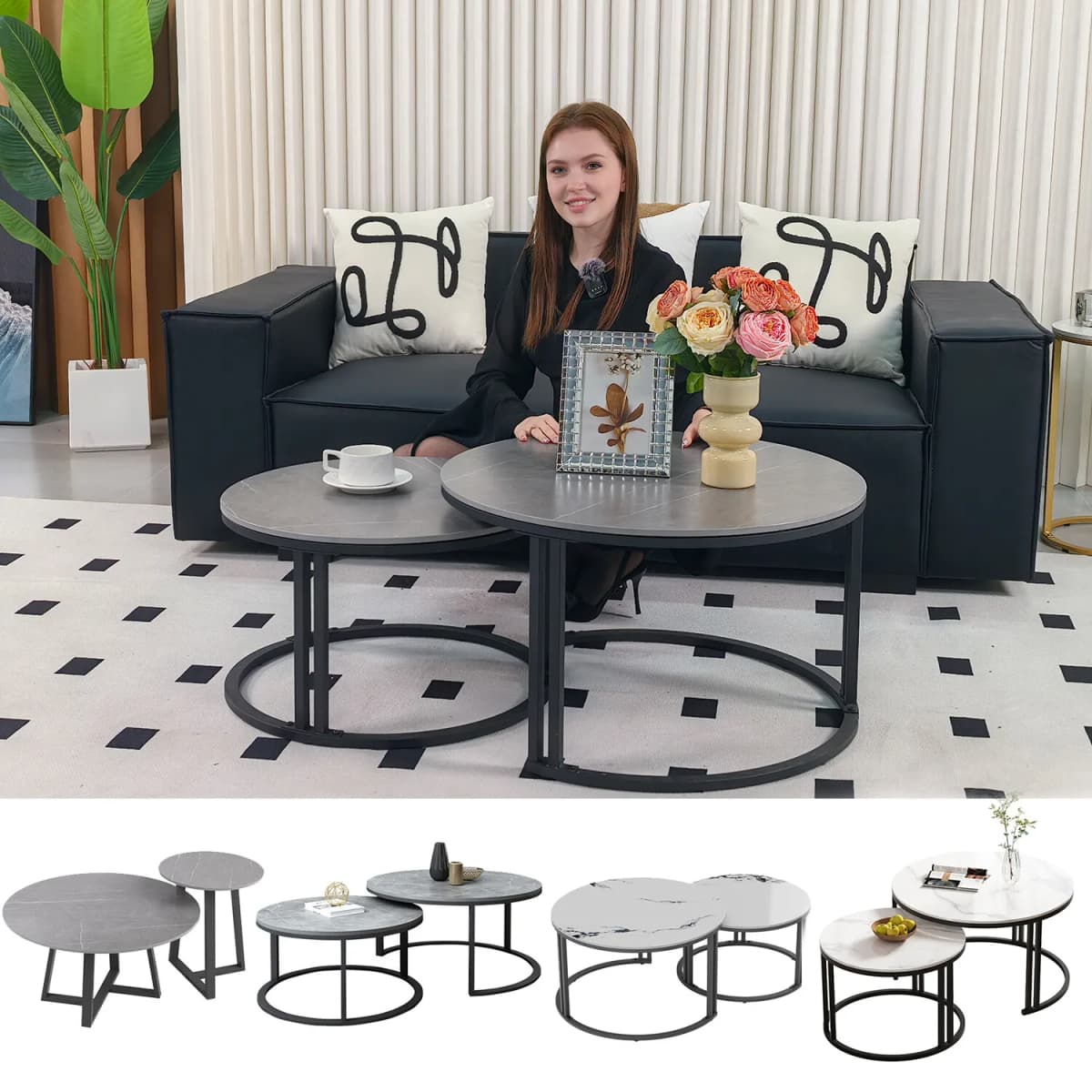 Coffee Table Set of 2 Nesting Accent Tables White Marble Top Stacking Side Desk