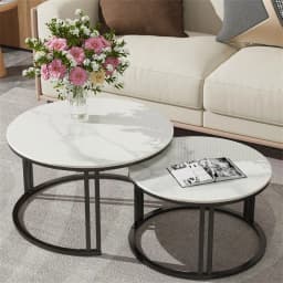 Coffee Table Set of 2 Nesting Accent Tables White Marble Top Stacking Side Desk