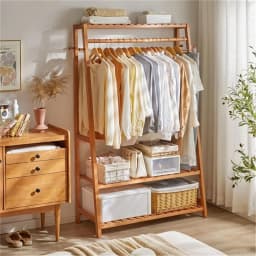 Bamboo Clothes Rail Rack Free Standing Garment Rack with 3 Storage Shelves and 10 Hooks