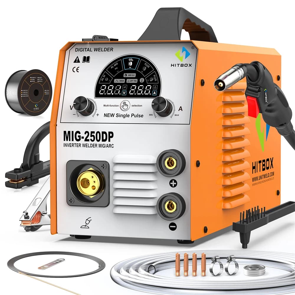 HITBOX MIG Inverter Welder 5 in 1 MMA/Gasless/Gas MIG/Lift TIG/Single Pulse Synergic Control MIG250DP Aluminum Welding Machine