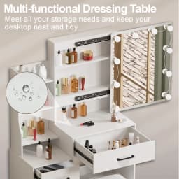 Modern Dressing Table & Stool Set with Sliding Led 3 Color Lighting Mirror, Makeup Vanity Desk with Storage for Bedroom