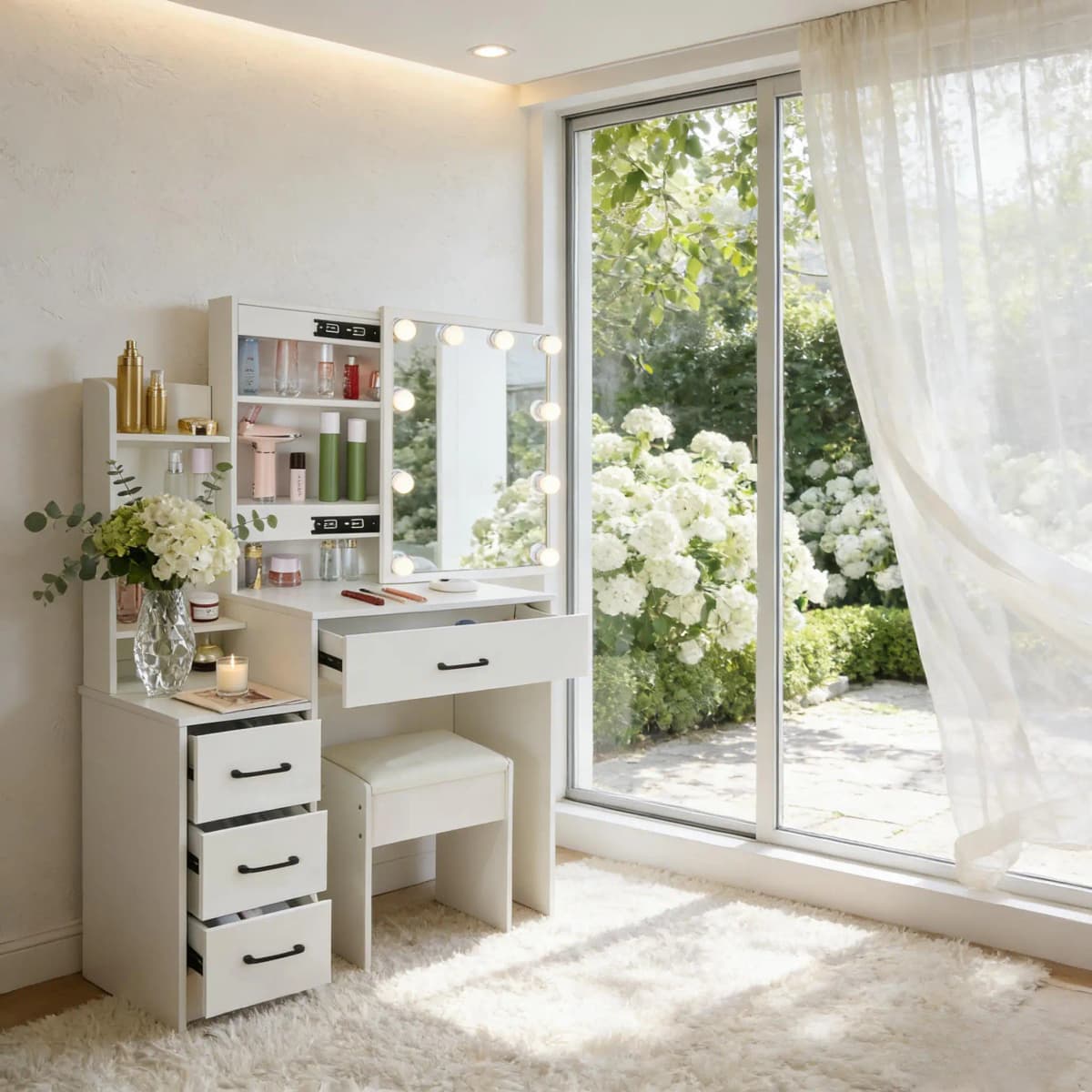 Modern Dressing Table & Stool Set with Sliding Led 3 Color Lighting Mirror, Makeup Vanity Desk with Storage for Bedroom