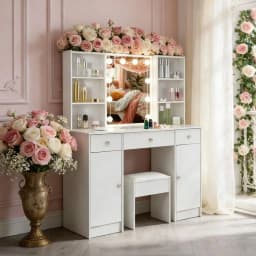 Teousev White Modern Smart LED Vanity Set with Lighted Mirror, 3 Drawers & Stool, 3 Color Dimmable & Easy Assembly Makeup Desk