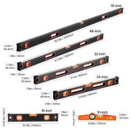 SucceBuy 6Pcs Torpedo Level 78/48/32/24/16/10In Box Levels Set Bubble Vials Ruler to 45/90/180 Degree (Only 10-inch has magnet)