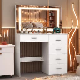 White Modern Makeup Vanity Dressing Table with LED Lighted Mirror and Multiple Storage Drawers, Cosmetic Makeup Desk for Bedroom