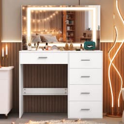 White Modern Makeup Vanity Dressing Table with LED Lighted Mirror and Multiple Storage Drawers, Cosmetic Makeup Desk for Bedroom