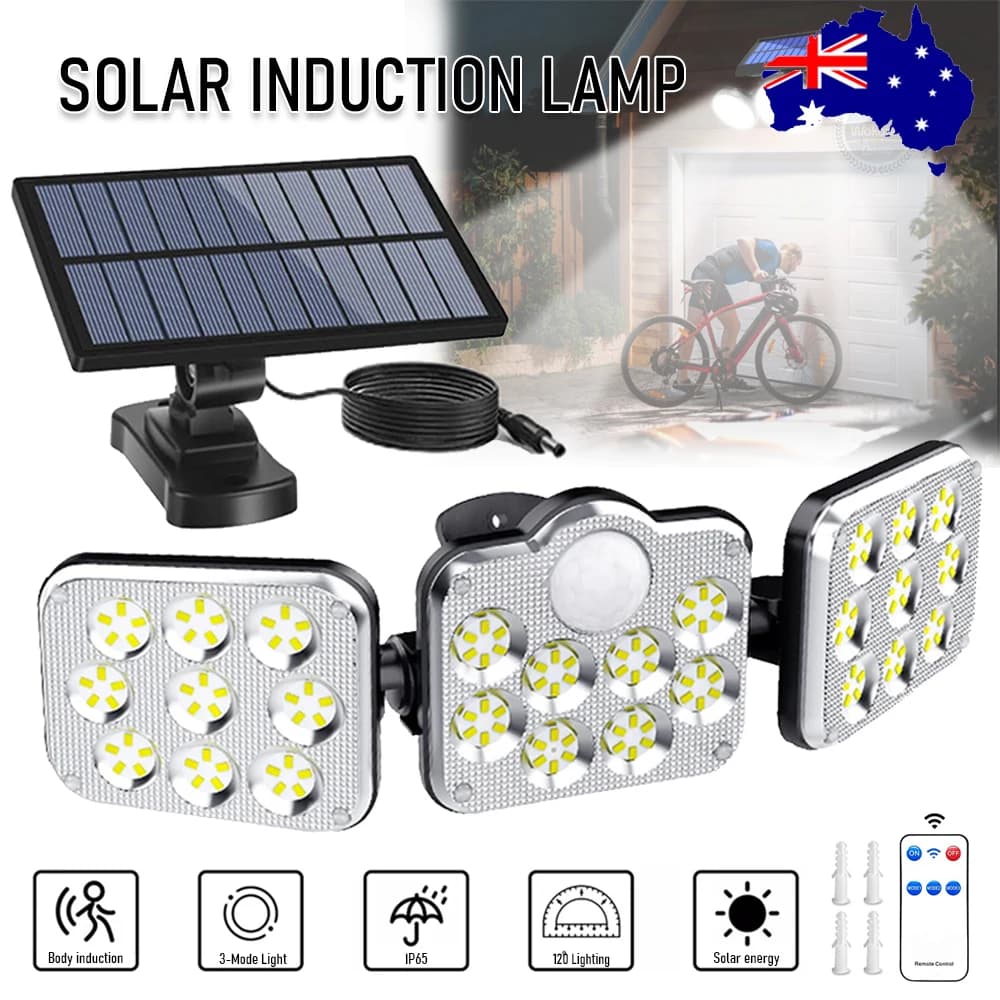 138 LED 3 Head Solar Motion Sensor Light Outdoor Garden Wall Security Flood Lamp IP65 Waterproof