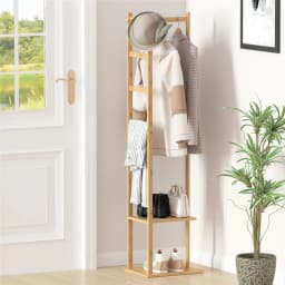 Space-Saving Bamboo Corner Coat Rack | clothes rack|hangers，with Storage Shelf & Hooks for Hallway, Bedroom Clothes Organization