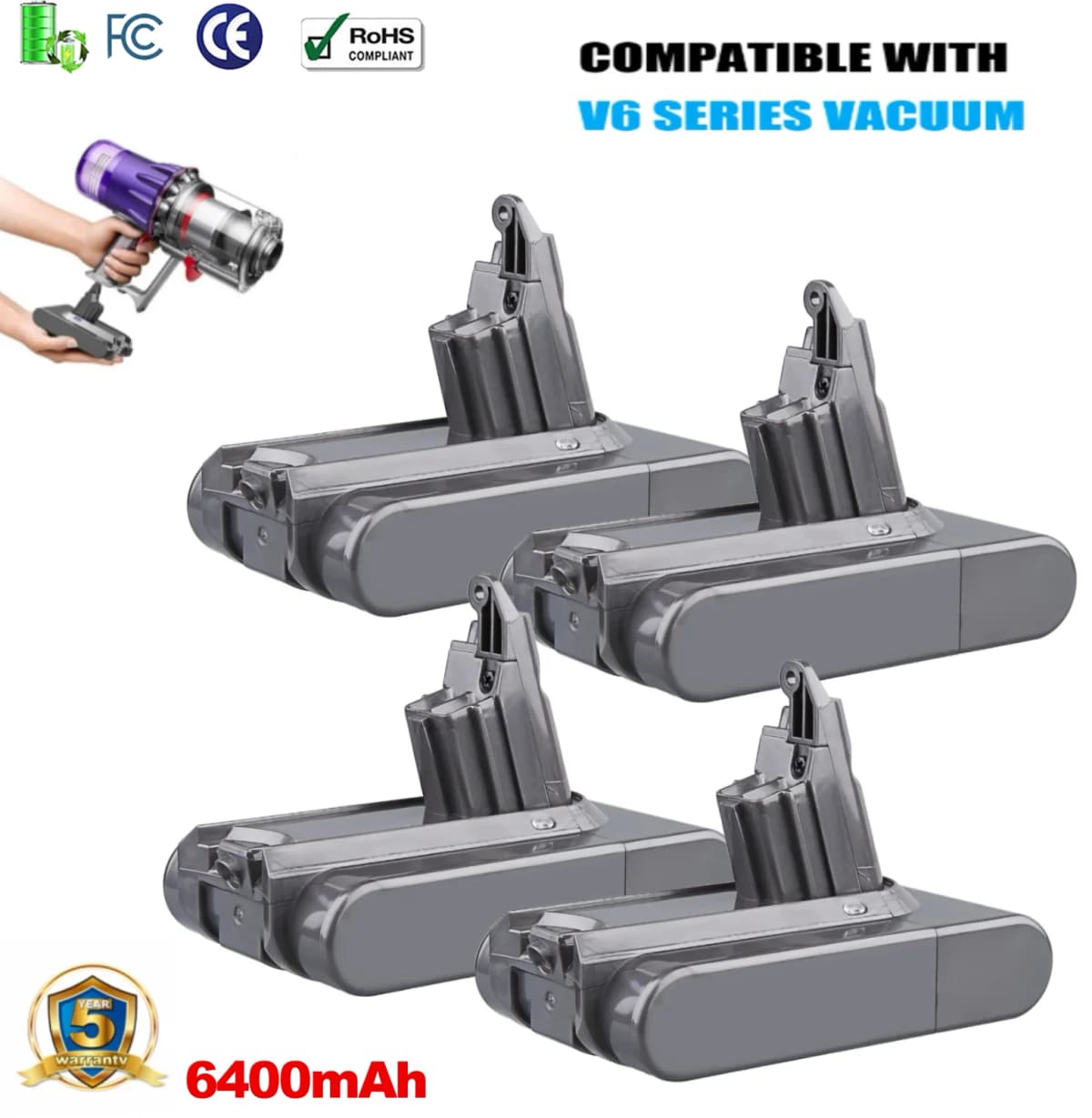 1/2/4Pcs 6.4Ah V6 Battery Replace for Dayson 21.6V battery Pin Compatible with Animal/Fluffy SV03 SV09 DC59 DC61 Vacuum Cleaner