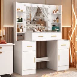 Teousev White Modern Dressing Table Makeup Vanity Dresser with Mirror 4 Drawers Storage Organizer Home Bedroom Vanity Desk