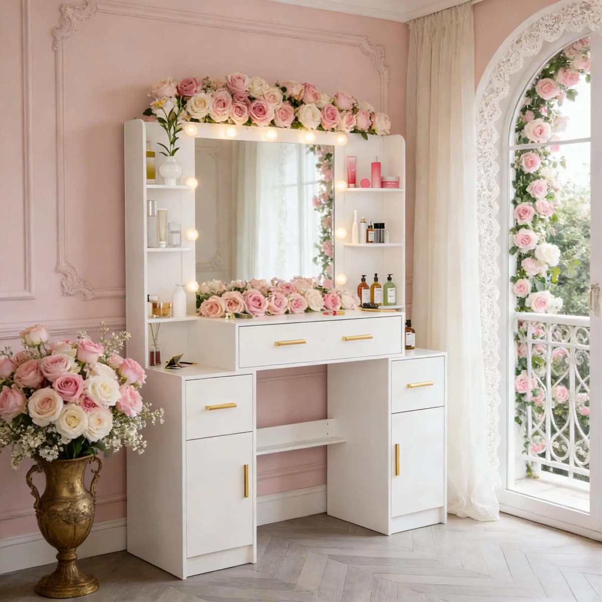 Teousev White Modern Dressing Table Makeup Vanity Dresser with Mirror 4 Drawers Storage Organizer Home Bedroom Vanity Desk