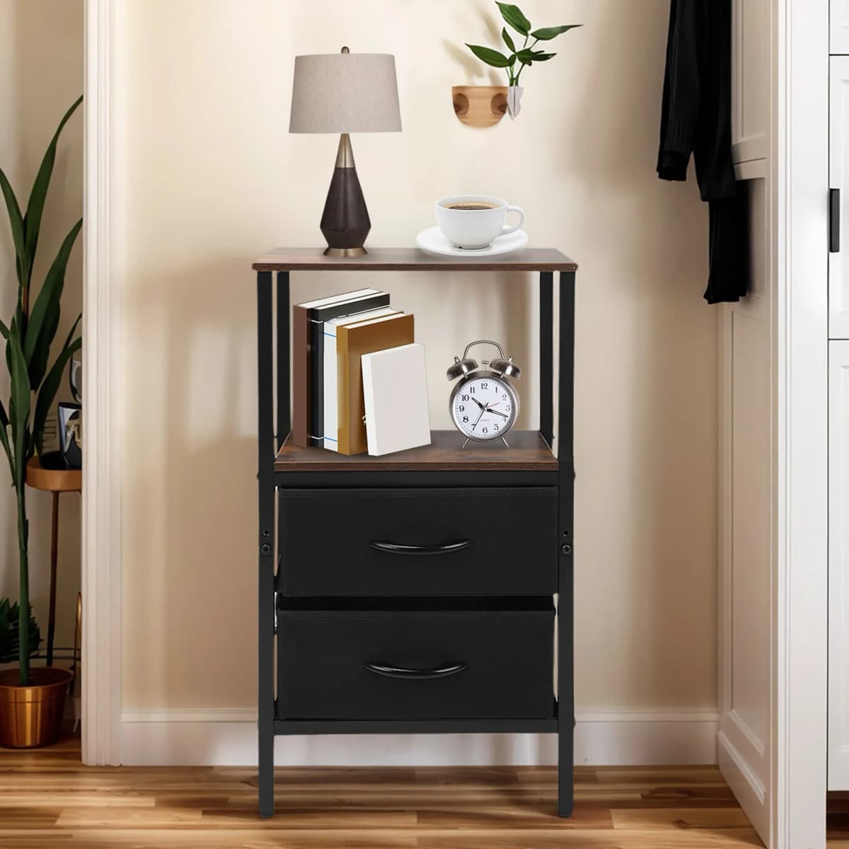 Night Stand for Bedroom MDF Carbon Steel Bedside Table with 2 Canvas Drawers for Living Room Dorm Nightstand with Drawer