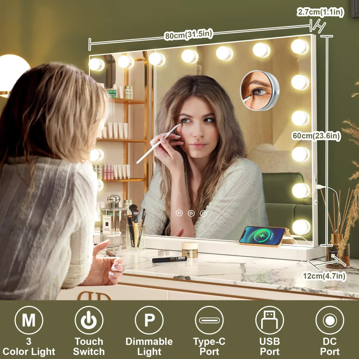 Teousev Hollywood Vanity Makeup Mirror with 9/14/17 LED Bulbs 3 Color Dimmable Lights USB Charging Port Touch Control Tabletop