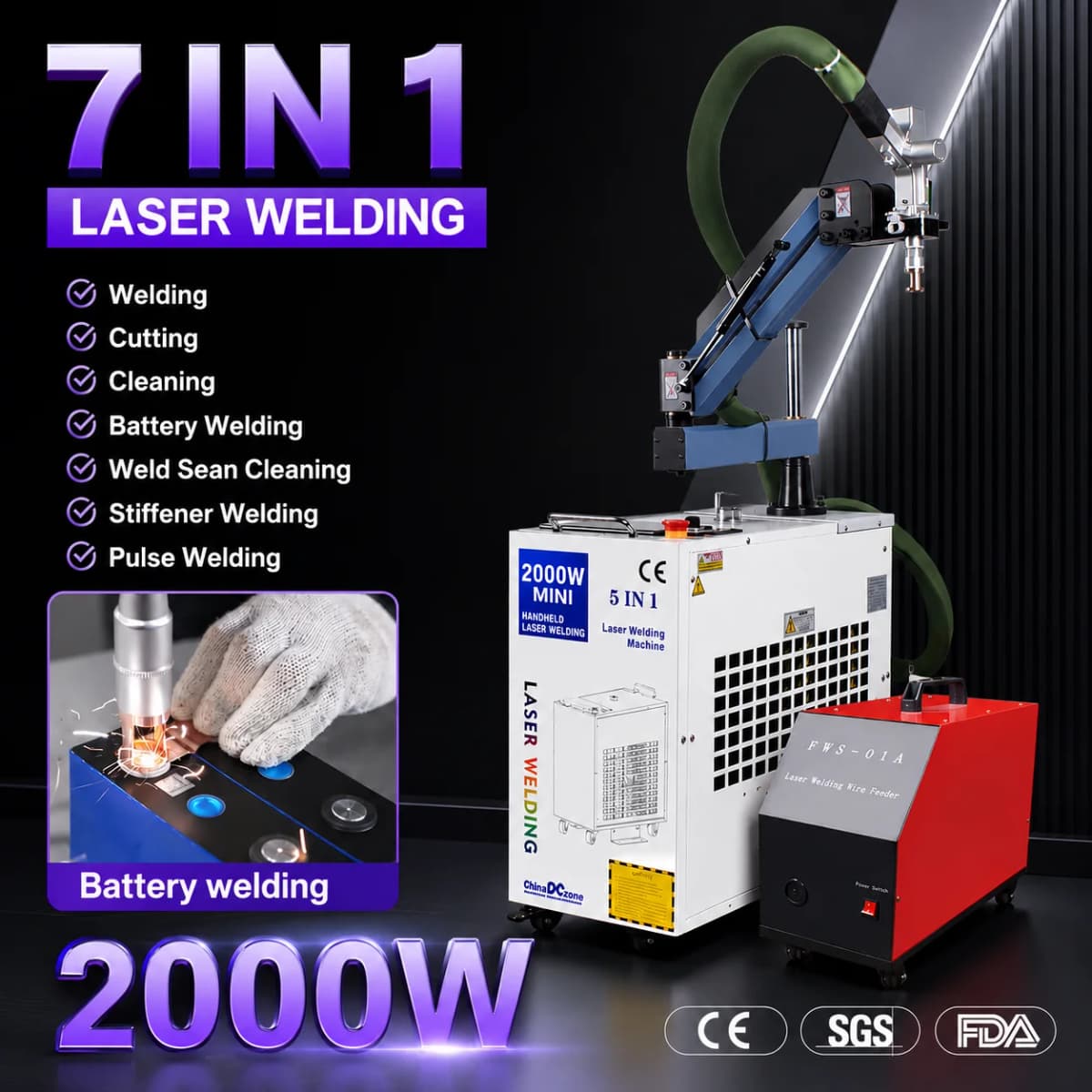2000W Double Pendulum 6-in-1 Fiber Laser Battery Welding Cleaning Cutting Welding Machine Handheld Laser Welder for All Metal