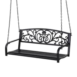 Outdoor Porch Swing Chair Patio Furniture Floral Backrest Two Seater Black Frame Garden Hanging Seat