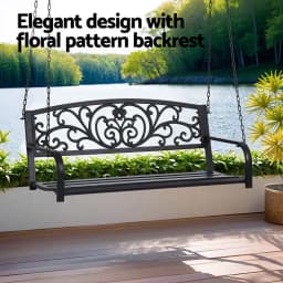 Outdoor Porch Swing Chair Patio Furniture Floral Backrest Two Seater Black Frame Garden Hanging Seat