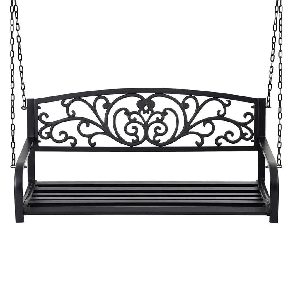 Outdoor Porch Swing Chair Patio Furniture Floral Backrest Two Seater Black Frame Garden Hanging Seat