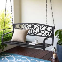 Outdoor Porch Swing Chair Patio Furniture Floral Backrest Two Seater Black Frame Garden Hanging Seat