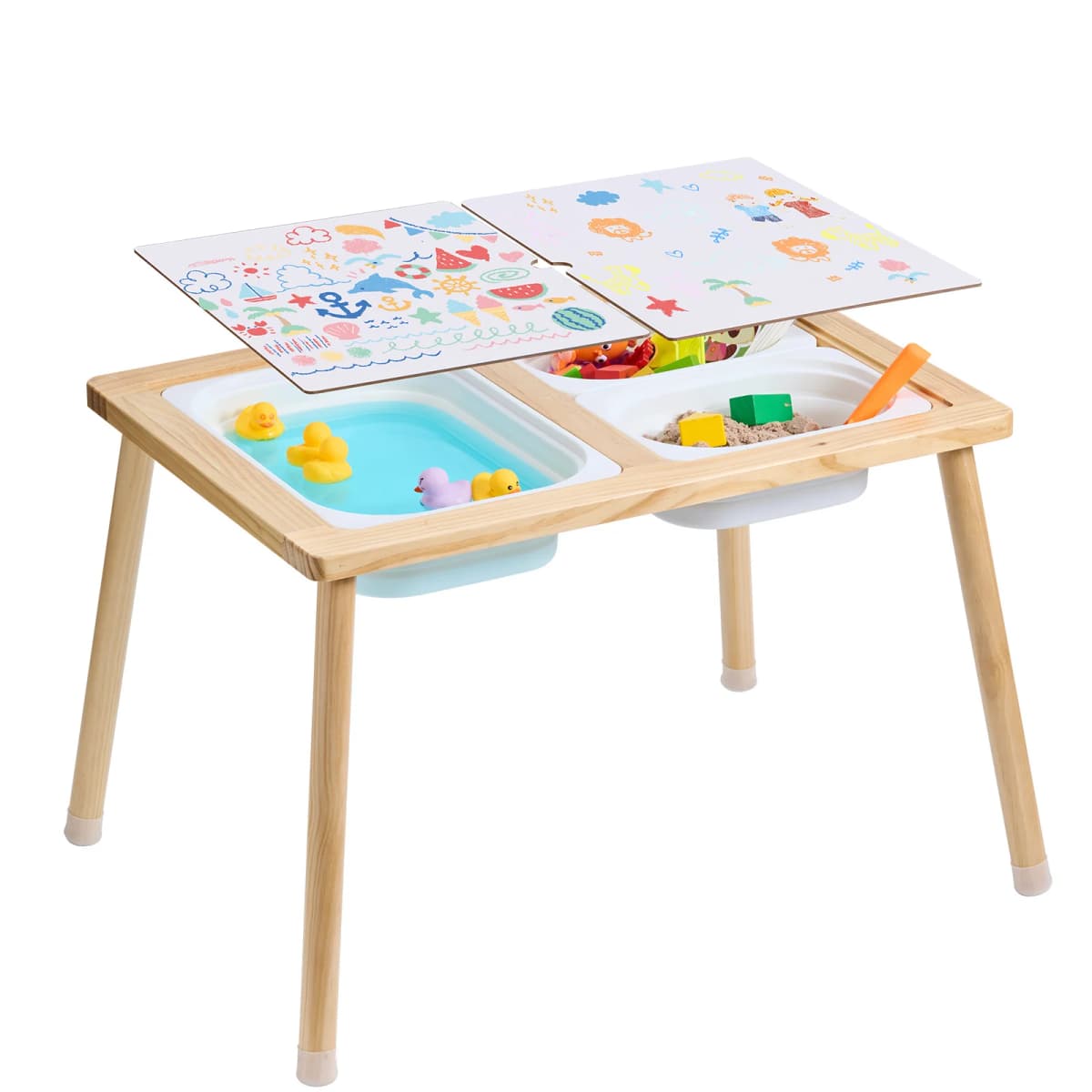SucceBuy Wooden Sensory Table for Kids Activity with 3 Foldable Storage Bins&Double-Sided Board Indoor/Outdoor Drawing Studying