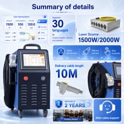 2000W Air Cooling Fiber Laser Cleaning Machine Portable Laser Cleaner for Metal Oil Rust Paint Removal Cleaning SUP 32C Width 300mm Energy Saving