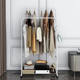 Heavy Duty Clothes Rack Garment Rail Rolling Stand Two Top Rod & Lower Storage