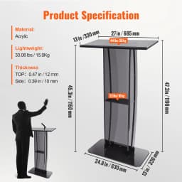 SucceBuy 47" Acrylic Podium Stand Floor-Standing Clear Pulpit Acrylic Desktop Lecterns w/ Storage Shelf for Office Church School
