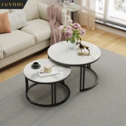 LUVODI Round Nesting Coffee Table Set of 2 Sintered Stone Top Metal Frame Sofa Side End Tables for Living Room