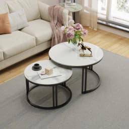 LUVODI Round Nesting Coffee Table Set of 2 Sintered Stone Top Metal Frame Sofa Side End Tables for Living Room