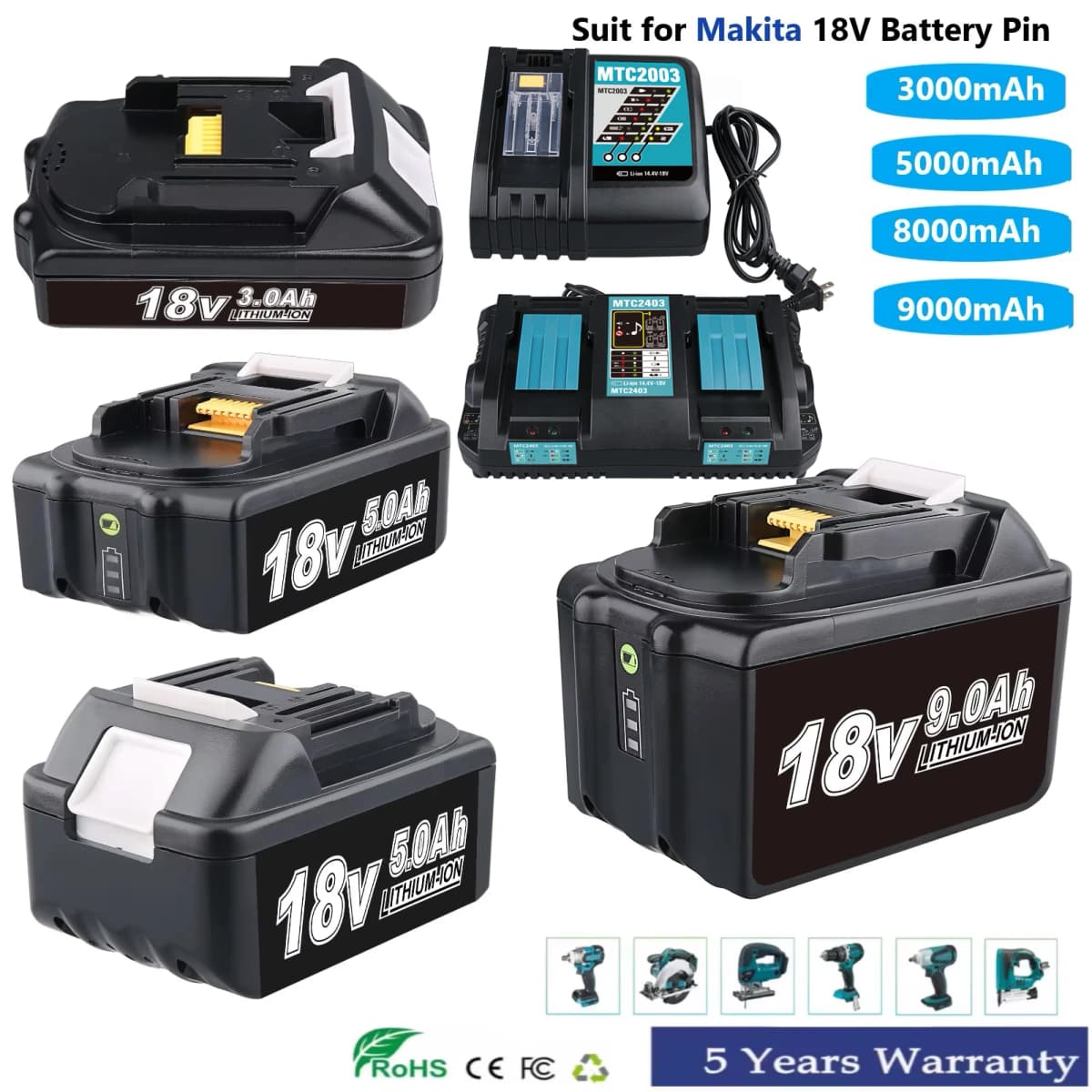 New 3/5/8/9Ah Replace for Makita 18v Battery BL1815b BL1860b BL1850b BL1890b screwdriver battery pin & DC18RC/DC18RD charger