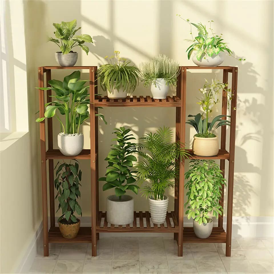 10 Pot Bamboo Plant Stand for In/Outdoor, Bonsai Flower Display, Shelf Holder Rack, Stylish