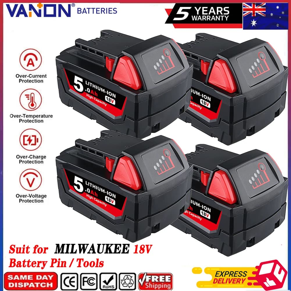 VANON 1/2/4Pcs M18 5.0Ah Replacement Lithium Ion Power Tool Batteries Replace for Milwaukee 18V 48-11-1815 48-11-1850 48-11-1860