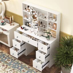 Teousev Modern Hollywood Makeup Vanity Desk with 7 Drawers & 10 Dimmable LED Lights, Large HD Mirror Dressing Table for Bedroom